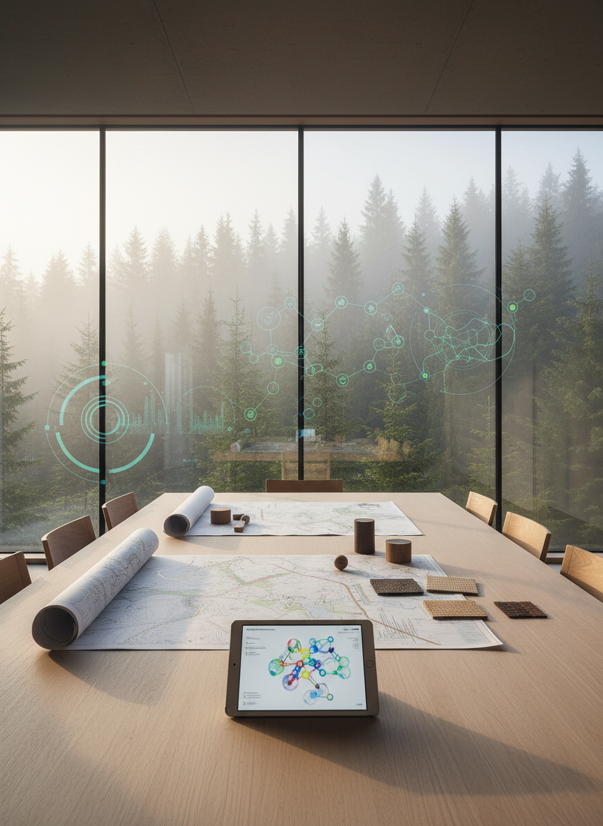 A serene Scandinavian-style meeting space with floor-to-ceiling windows opening onto a dense, misty spruce forest, where the glass subtly reflects faint, translucent graphs, circular flow diagrams, and network nodes symbolizing bioindustrial ecosystems. Inside, a long table of pale, finely grained wood holds neatly arranged printed maps, wood fiber samples, and a tablet displaying an abstract forest value chain visualization without legible text. Soft morning light filters through the mist, creating a gentle glow on the tabletop and casting delicate, elongated shadows from the objects. The composition uses leading lines from the table toward the forest, with moderate depth of field keeping both interior and trees clear. Mood is strategic, forward-looking, and calm, in refined photographic realism with a minimalist, professional aesthetic.