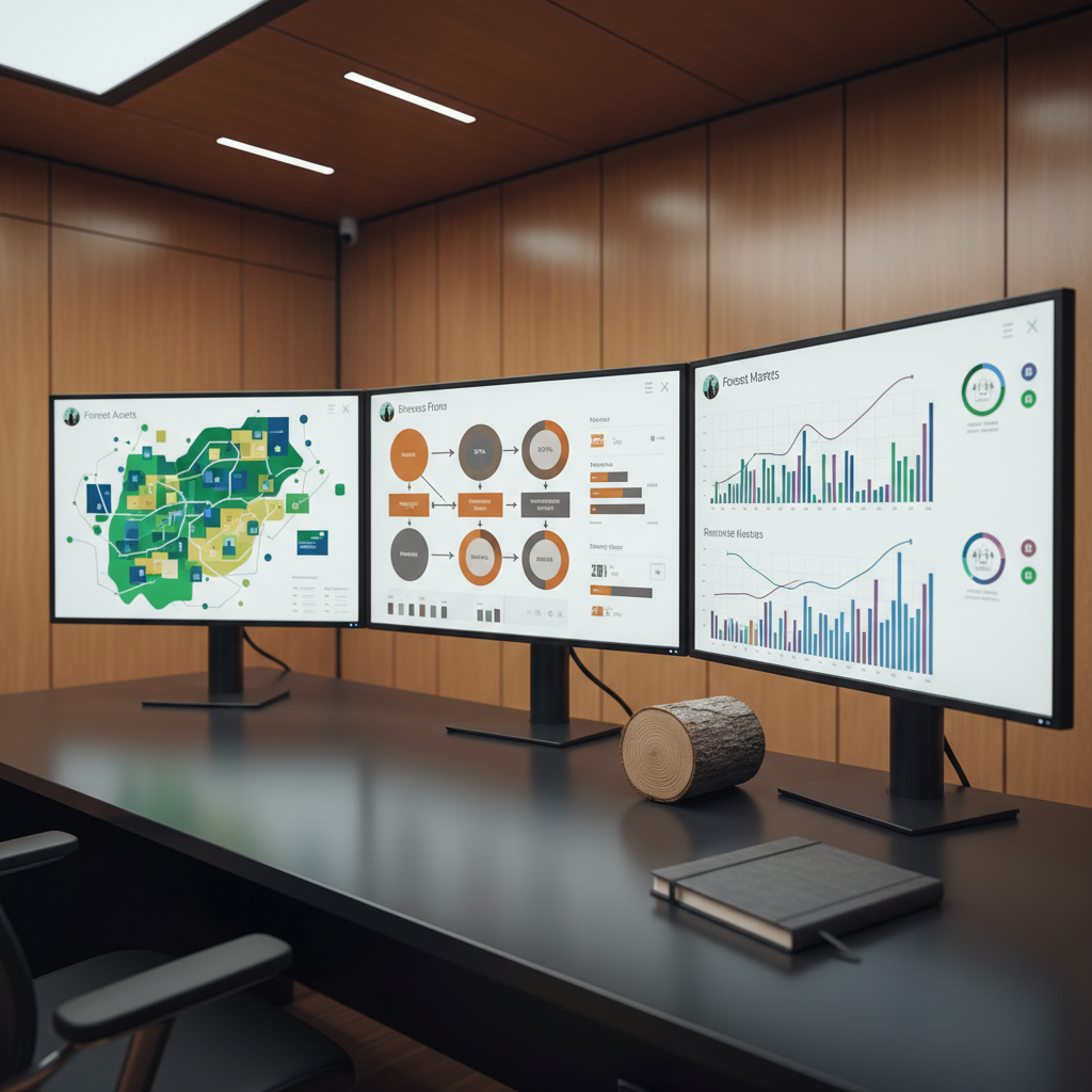 A detailed close-up of a forest operations control workstation inside a sleek, modern wood-paneled office, featuring multiple large monitors displaying abstract, text-free dashboards of forest asset maps, biomass flow diagrams, and market indicators rendered as clean geometric shapes and color fields. The desk is matte black with subtle reflections, holding a closed notebook and a small branch cross-section showing growth rings, symbolizing long-term forest value. Neutral studio-style lighting with a slight cool bias illuminates the scene evenly, creating crisp edges and minimal shadows. Shot at eye level with a slight three-quarter angle to show screen depth. The mood is expert, credible, and analytical, with photographic realism and a premium, high-tech yet nature-connected atmosphere.