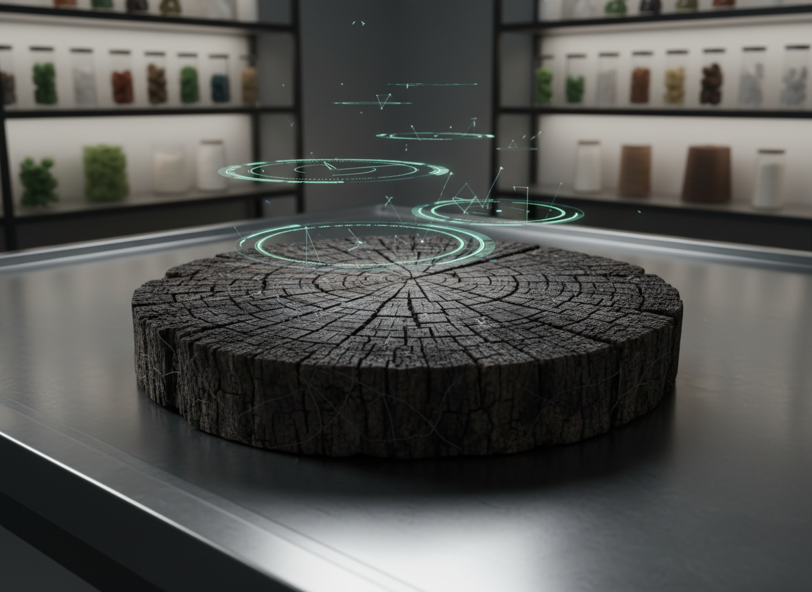 A conceptual, photographic-style macro shot of a dark, weathered tree trunk cross-section resting on a stainless-steel analysis table in a clean, modern lab-like environment. Intricate growth rings and hairline cracks in the wood are sharply in focus, while faint, semi-transparent circular overlays hover above them, hinting at data layers and metrics without any legible text. In the softly blurred background, shelves hold vials of bio-based materials and fiber samples. Neutral, diffused studio lighting from above and the left creates precise highlights and subtle shadows, giving the scene a calm, forensic mood. The composition centers the wood disc with a shallow depth of field, conveying the sophistication of forest analytics and bioindustrial insight at a micro scale, with no human presence.