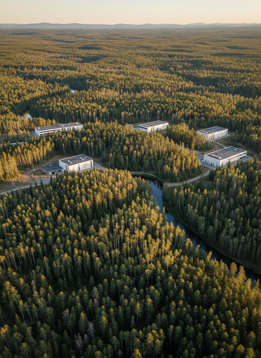 An expansive mixed conifer and birch forest seen from a high vantage point, the canopy forming a rich mosaic of deep greens and silver trunks. Threading through the trees, a narrow, gently curving river glints with steel-blue reflections. In the midground, discreet bioindustrial facilities with clean, minimalist architecture sit along the forest edge, their pale façades and dark roofs harmonizing with the landscape rather than dominating it. Soft late-afternoon sunlight from the right casts long, elegant shadows and creates a calm, analytical mood. Photographic realism, shot with a slightly elevated, wide-angle composition that keeps everything in sharp focus, conveying the idea of a sophisticated, integrated forest intelligence system at regional scale, without any text or human figures.