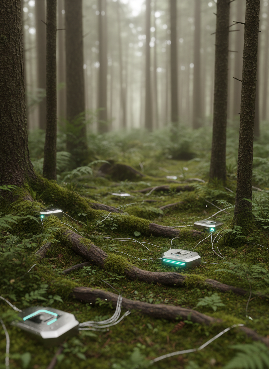 A close, eye-level view of a dense, moss-covered forest floor where tree roots weave like organic cables between slender trunks. Embedded subtly among the roots, sleek metallic sensor modules and fiber-like conduits glow faintly with cool teal light, suggesting data flowing through the ecosystem. The background gently recedes into blurred trunks and undergrowth. Filtered overcast light seeps through the canopy, producing diffused, even illumination with soft shadows and a contemplative, high-tech atmosphere. Photographic realism, shallow depth of field to highlight the interface between natural textures and precise engineered surfaces, evoking the concept of forest intelligence and invisible networks connecting biomass, residual streams, and infrastructure.