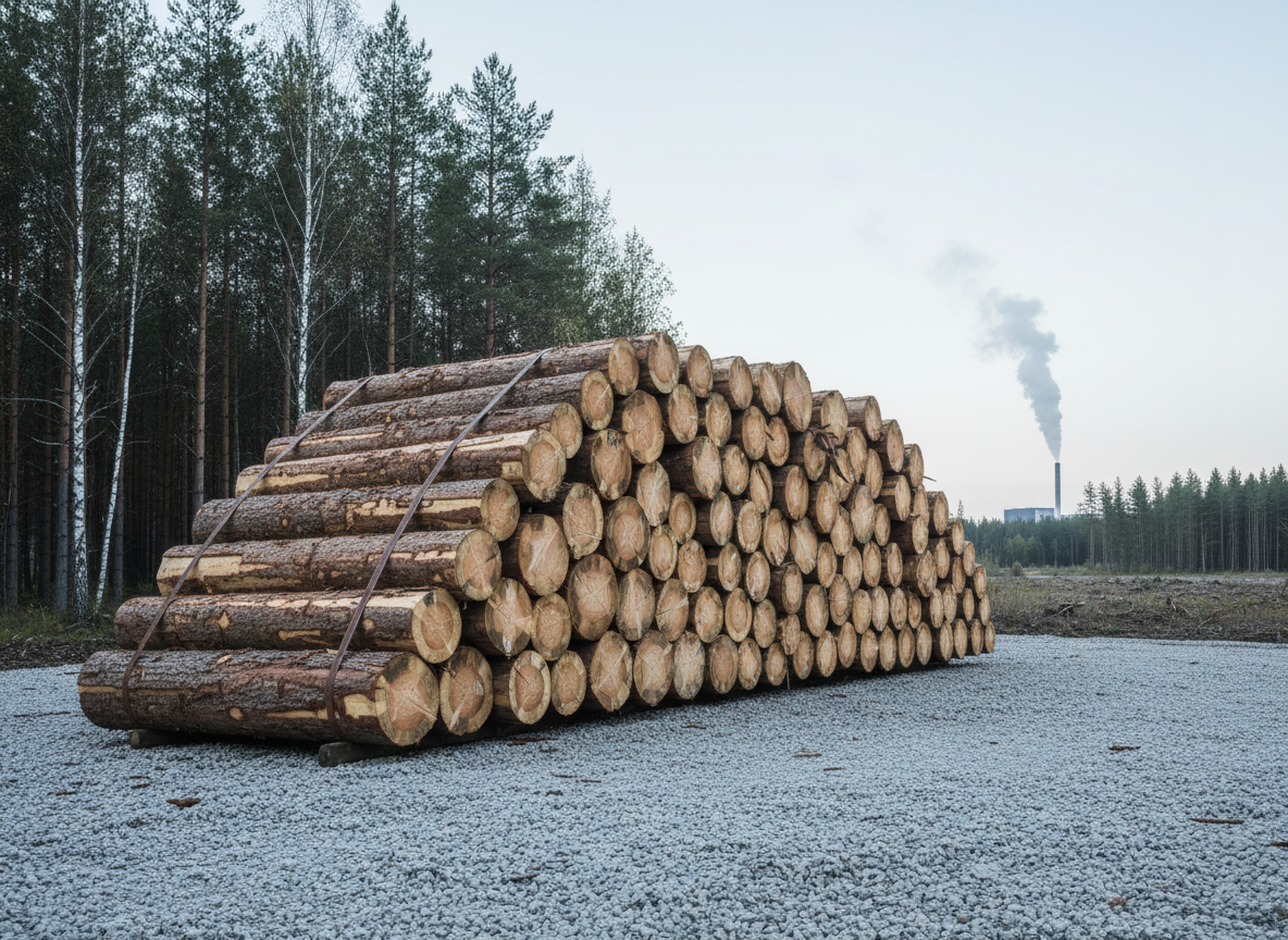A minimalist, high-contrast photographic scene of a single, precisely stacked pile of debarked logs at the edge of a forest clearing, each log end clearly showing growth rings and subtle variations in color and texture. Behind the pile, a backdrop of standing timber and a distant, discreet biorefinery plume rising straight into a pale sky. Cool, diffused morning light creates gentle, accurate shadows and emphasizes the fine grain of wood, metal strapping, and gravel ground. The camera is positioned at low, three-quarter angle, with a moderate depth of field that keeps the logs sharp while softly blurring the industrial background. The mood is measured, analytical, and sophisticated, hinting at value chains, markets, and material flows emerging from forest assets.