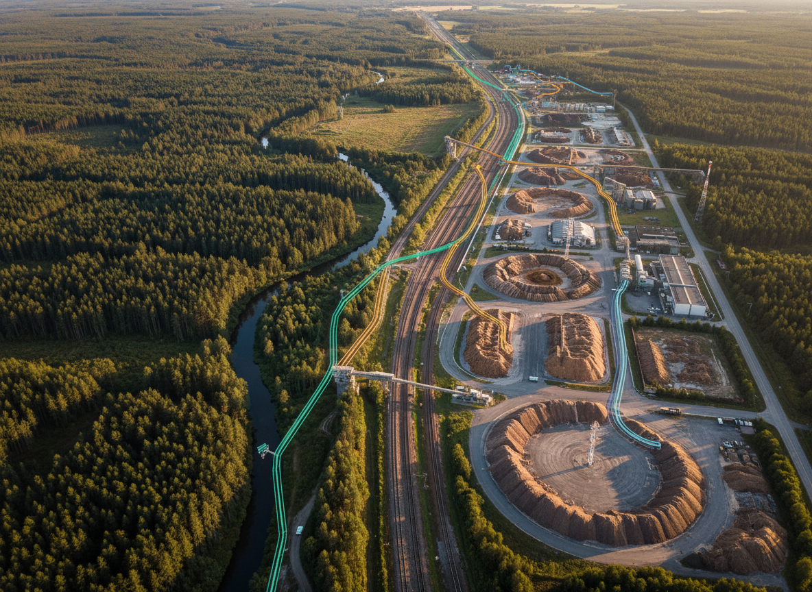 An aerial, photographic-realistic view of a forest landscape transitioning into a bioindustrial corridor: contiguous dark-green spruce stands, lighter patches of managed plantation, and a linear zone of rail tracks, biomass storage yards, and compact processing facilities. Colored light traces—emerald, amber, and soft blue—flow along roads, rivers, and rail lines, symbolizing the movement of residuals, products, and data without using text. Golden hour sunlight bathes the scene, creating long shadows from cranes, conveyors, and log piles while maintaining a serene, analytical feel. The composition uses a bird’s eye perspective with strong leading lines, emphasizing connectivity and ecosystem-level intelligence across natural and industrial elements, all rendered with clean, modern photographic realism and no human figures.