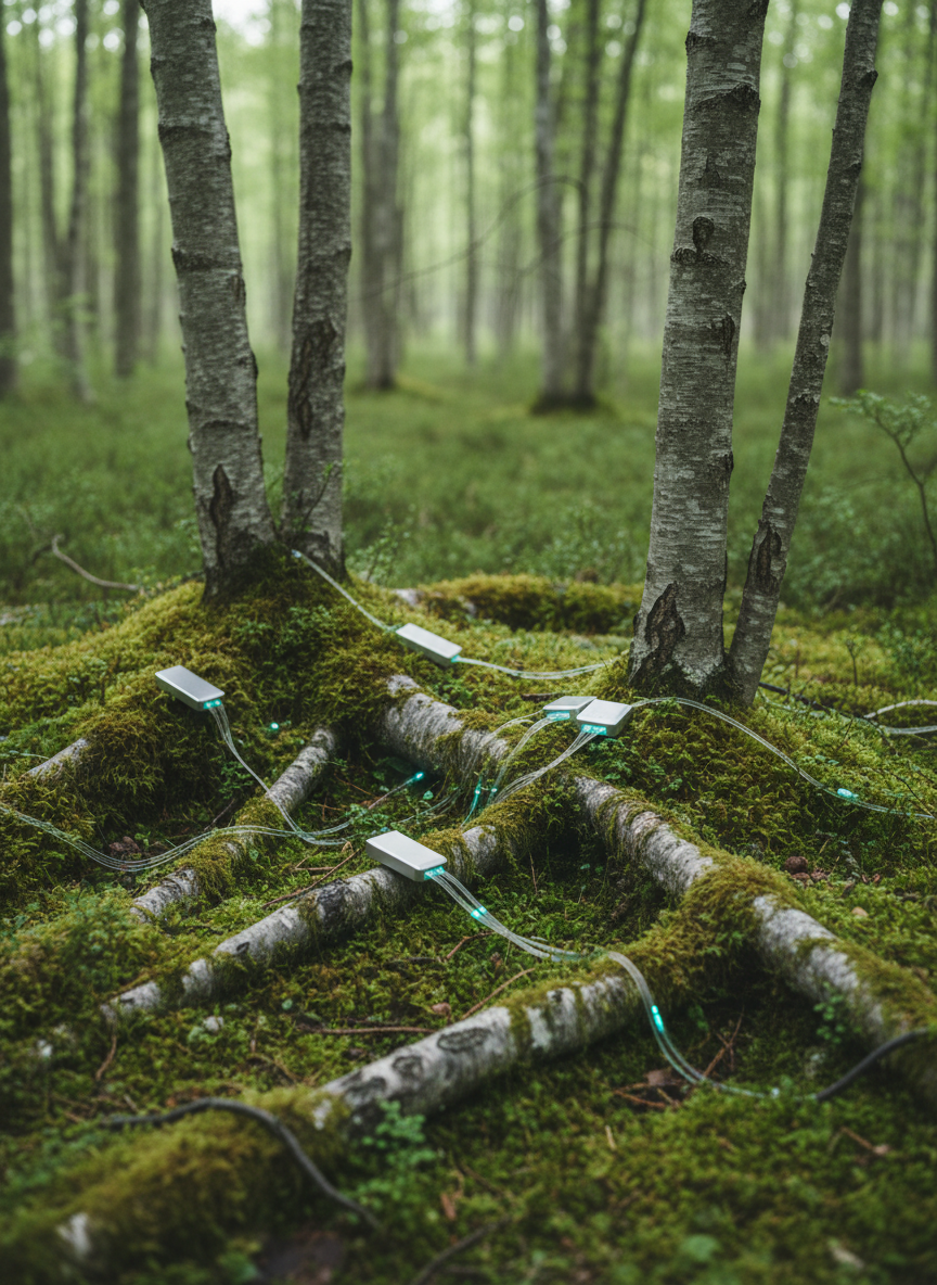 A close, eye-level view of a dense, moss-covered forest floor where tree roots weave like organic cables between slender trunks. Embedded subtly among the roots, sleek metallic sensor modules and fiber-like conduits glow faintly with cool teal light, suggesting data flowing through the ecosystem. The background gently recedes into blurred trunks and undergrowth. Filtered overcast light seeps through the canopy, producing diffused, even illumination with soft shadows and a contemplative, high-tech atmosphere. Photographic realism, shallow depth of field to highlight the interface between natural textures and precise engineered surfaces, evoking the concept of forest intelligence and invisible networks connecting biomass, residual streams, and infrastructure.
