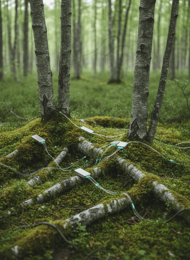 A close, eye-level view of a dense, moss-covered forest floor where tree roots weave like organic cables between slender trunks. Embedded subtly among the roots, sleek metallic sensor modules and fiber-like conduits glow faintly with cool teal light, suggesting data flowing through the ecosystem. The background gently recedes into blurred trunks and undergrowth. Filtered overcast light seeps through the canopy, producing diffused, even illumination with soft shadows and a contemplative, high-tech atmosphere. Photographic realism, shallow depth of field to highlight the interface between natural textures and precise engineered surfaces, evoking the concept of forest intelligence and invisible networks connecting biomass, residual streams, and infrastructure.
