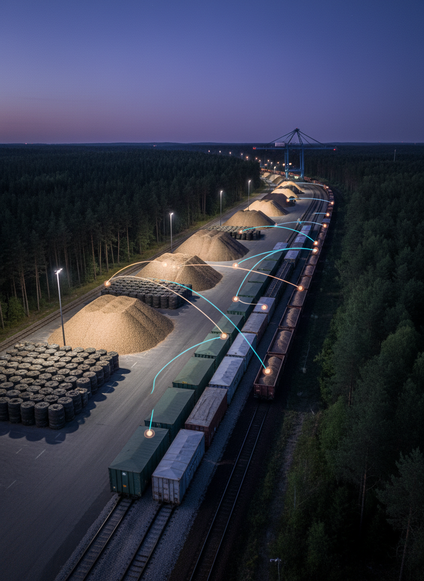 A dim, cinematic twilight scene of a regional logistics hub at the forest edge, where stacked wood chips, bundled residues, and covered biomass containers are arranged in organized, geometric patterns. Rail cars and a distant port crane silhouette are visible, partially framed by dark tree lines. Strategic pools of cool-white artificial light create islands of clarity, casting long, precise shadows across asphalt and gravel. Photographic realism with a slightly elevated viewpoint, emphasizing the ordered geometry of materials and infrastructure. In the sky and along infrastructure lines, faint glowing paths and node-like points indicate invisible market connections and flows, without any text. The atmosphere feels composed, intelligent, and forward-looking, underscoring the idea of a confidential network linking forest assets to emerging bio-based markets.