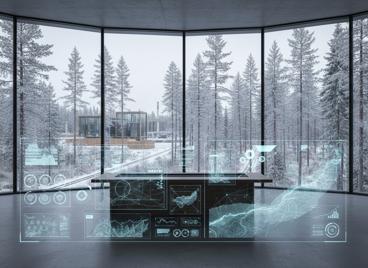 A sophisticated control room concept where the walls are replaced by panoramic windows revealing a mature boreal forest interlaced with distant, low-impact industrial structures: biomass terminals, biorefinery silhouettes, and rail spurs partially veiled by trees. In the foreground, instead of physical screens, semi-transparent holographic-style visualizations float: network graphs, resource flows, and topographic overlays hovering in the air, with no actual text or readable numbers. Cool, diffused daylight fills the space, accented by subtle blue-white glows from the data overlays. Photographic realism with a wide-angle lens, balanced composition, and crisp detail, creating a calm, strategic atmosphere that suggests sophisticated decision-making about forest assets and emerging bio-based markets—without showing any people or brand elements.